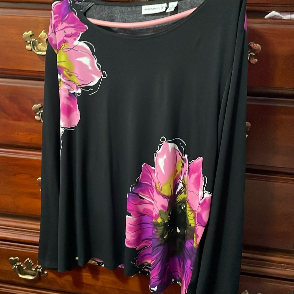 Long sleeve black blouse with purple flowers